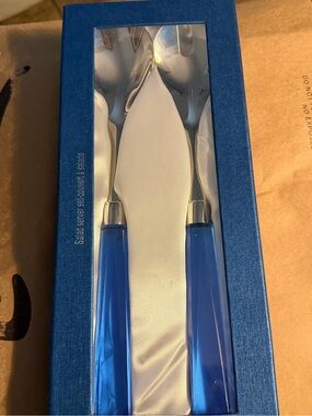 Blue Salad Server Set Stainless Steel Serving Utensils NIB